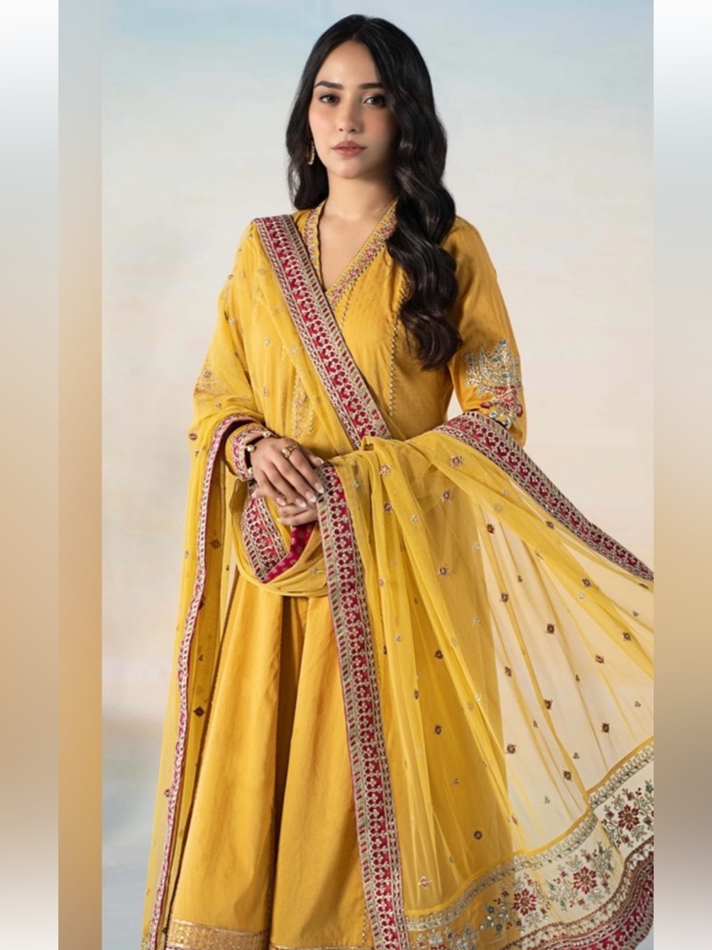 Maria B Yellow Embroidered Long Kurta With Ivory Sharara